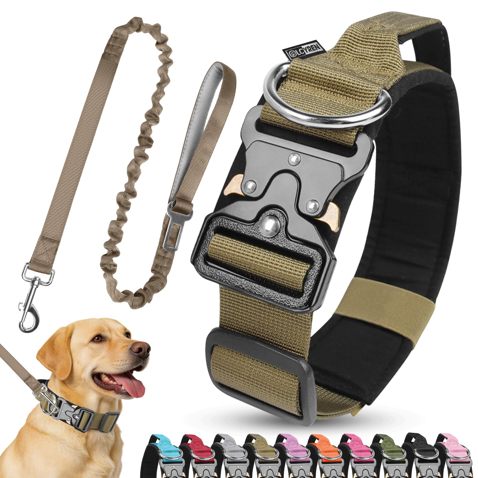 Olcyren Dog Collar and Lead Set, Tactical Dog Collar, Nylon Adjustable Strong Dog Collar with Handle, Soft Padded Pet Collars with Heavy Duty Metal Buckle for Medium Large Dogs (Khaki, L)