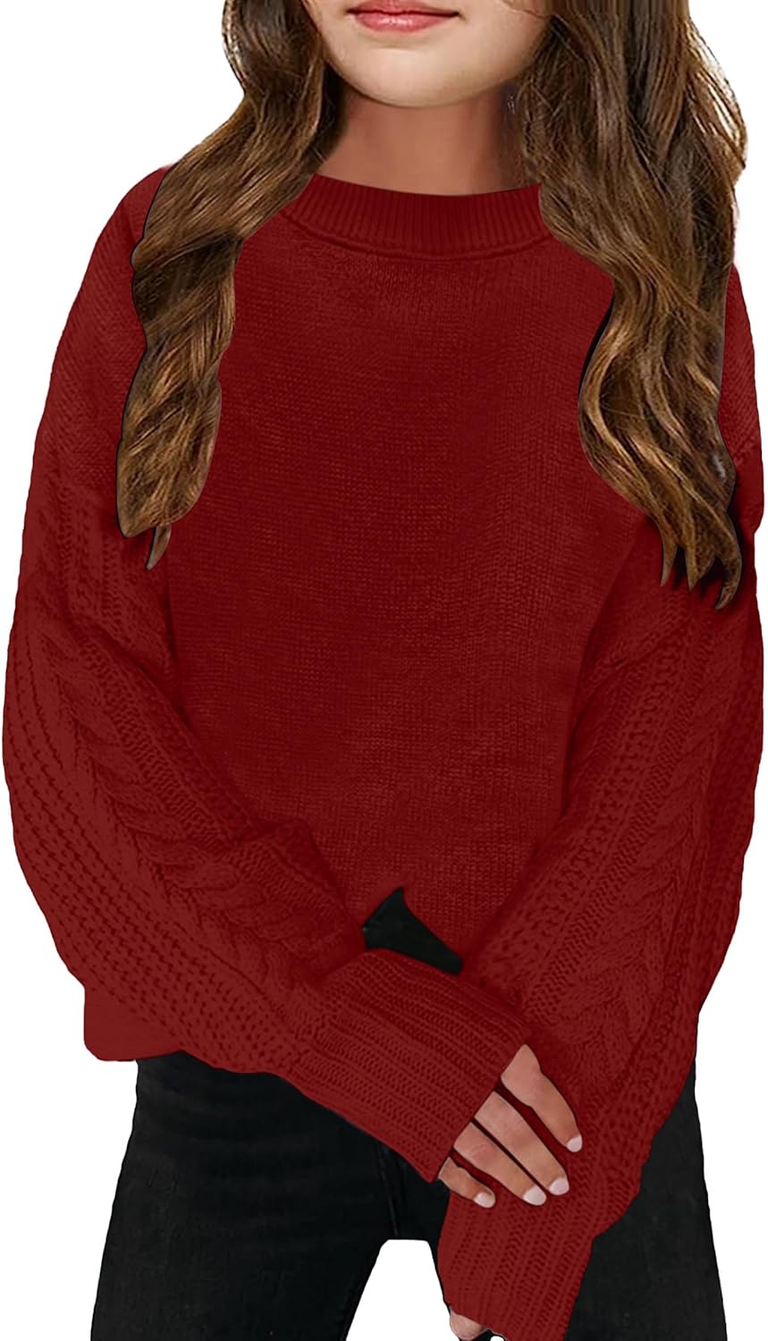 Girls Sweaters Crewneck Long Sleeve Kids Sweater Fall Winter Chunky Knit Pullover Jumper 5-14