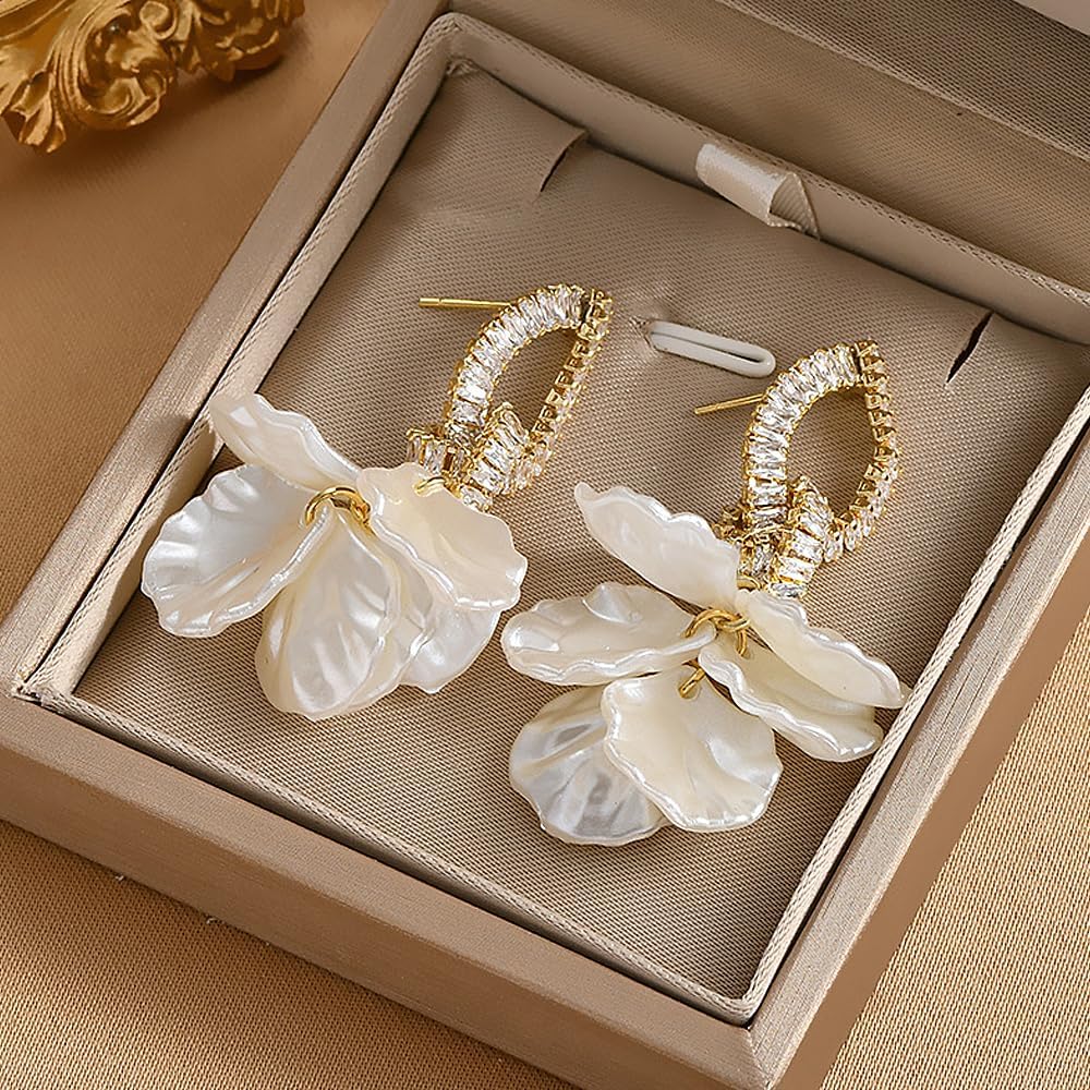 White Flower Dangle Statement Earrings for Women Bohemia Vintage Rhinestone Petal Floral Dangling Earrings Exaggerated Flower Earrings Fairy Jewelry - Image 5