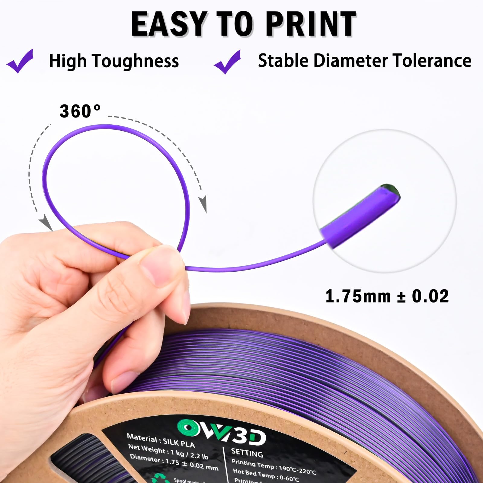 OVV3D - Filamento PLA de seda de 0.069 pulgadas, filamento PLA de doble color para impresora 3D, filamento de impresión 3D negro y morado +/-0.02 mm, carrete de 2.2 libras