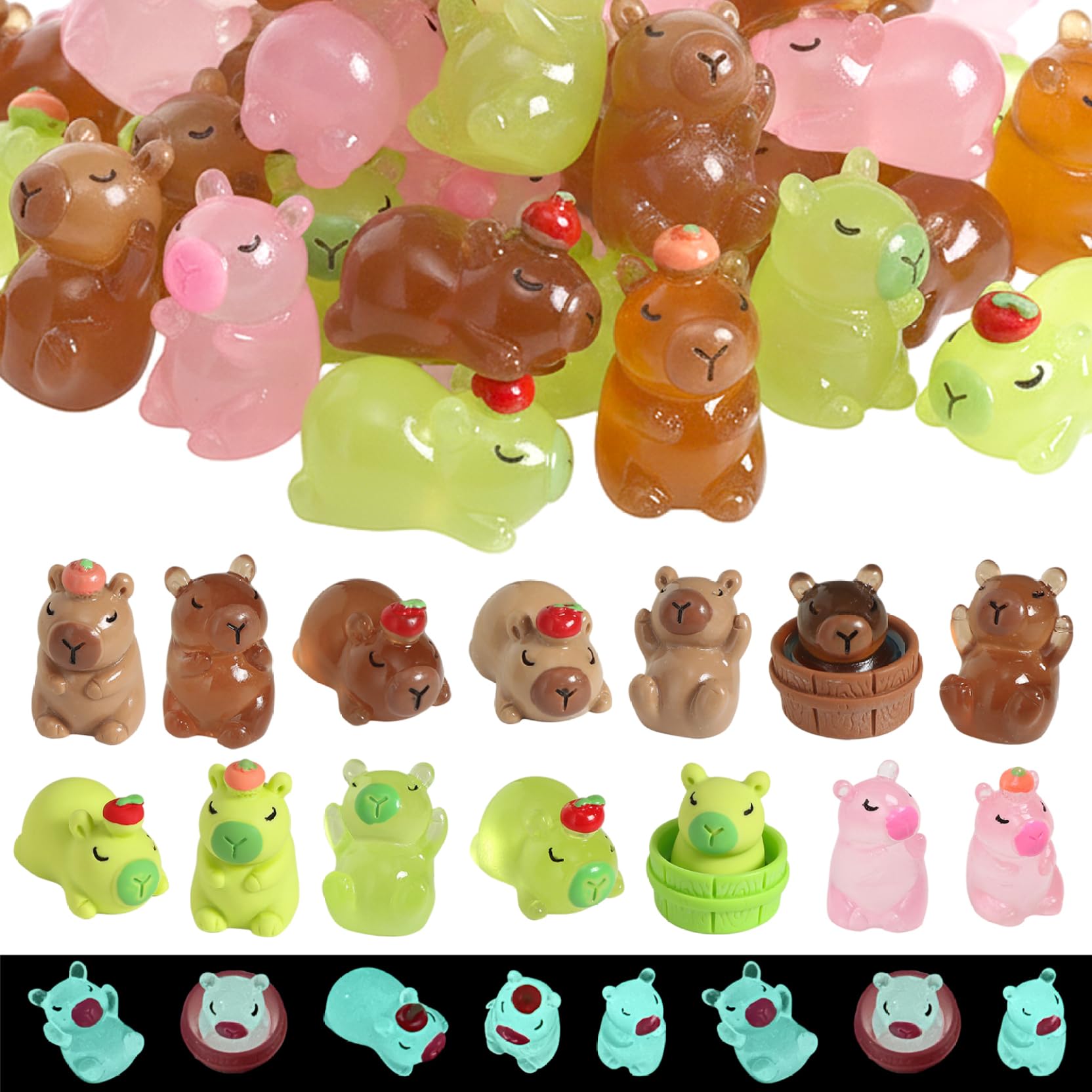Tapallmy 30Pcs Mini Resin Capybara Glow in The Dark Cute Capybara Resin Animals for Miniature Gardens DIY Crafts Party Favors & Desk Decor