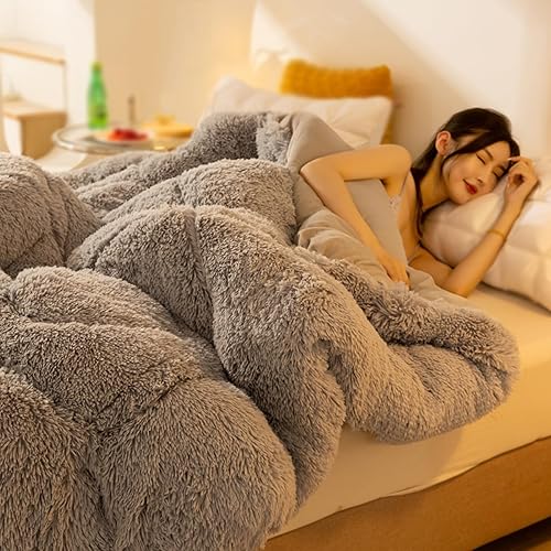 Lujoso edredón de felpa de pelo sintético grueso, juego de edredón de invierno pesado, moderno, casual, ultra suave, para todas las estaciones, 1