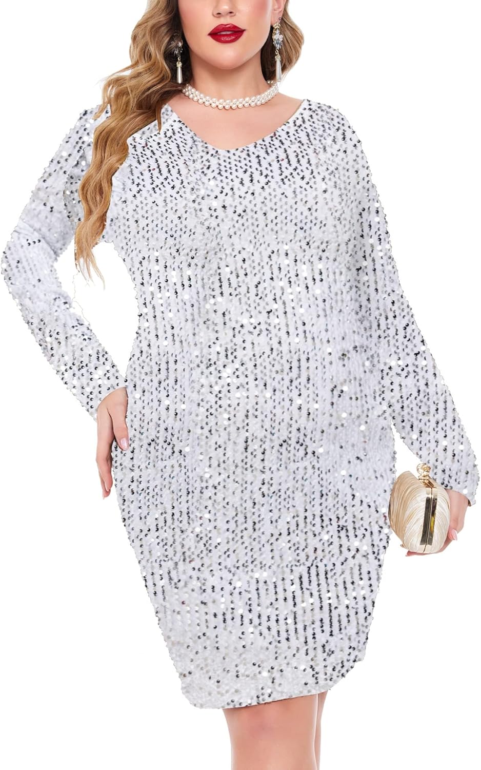 IN'VOLAND Womens Sequin Dress Plus Size Party Dresses White