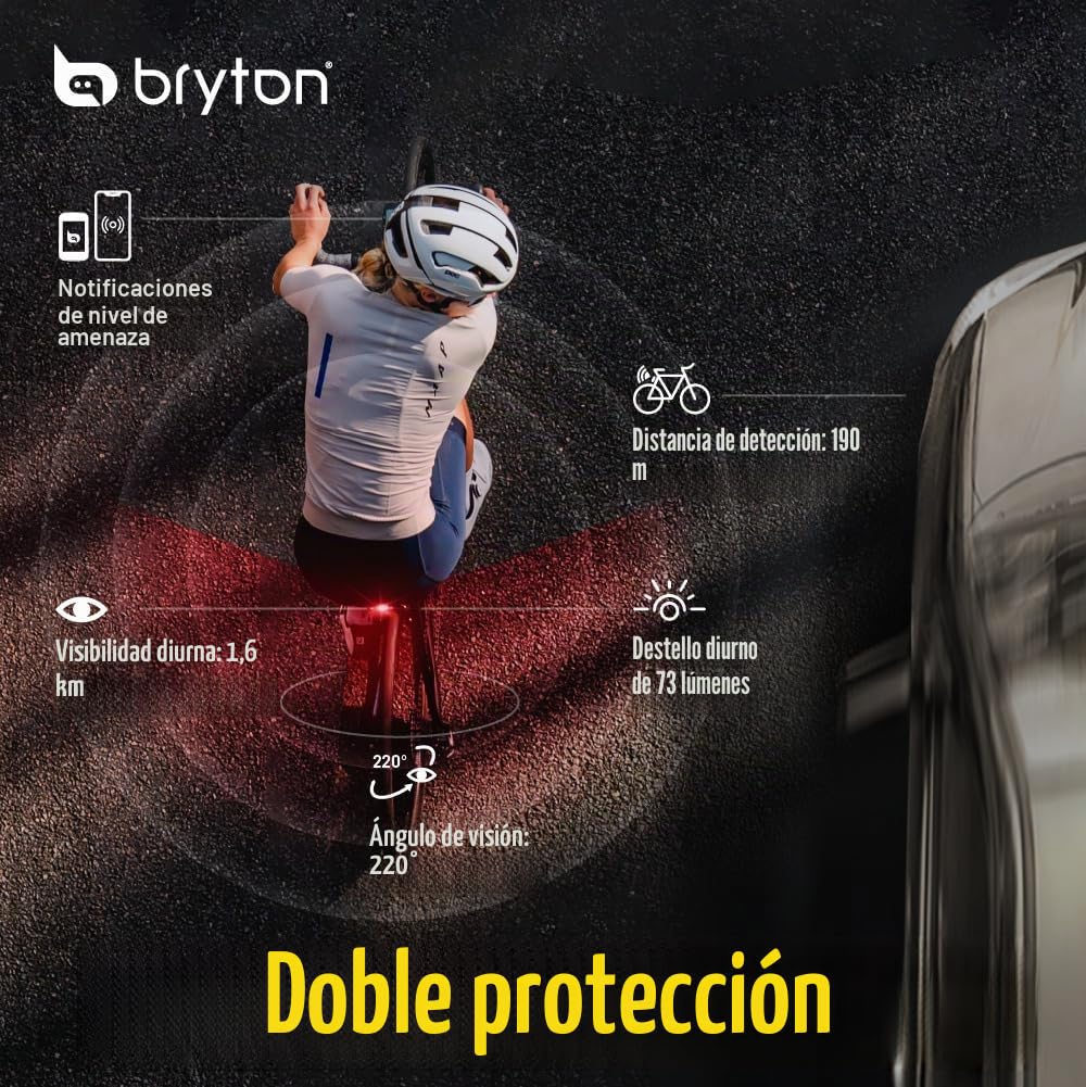 Bryton GARDIA R300L - Radar de bicicleta con luz trasera, alertas visuales y audibles para vehículos de hasta 207 yardas de distancia, ángulo de visión de 220°, compatible con pantalla de aplicación