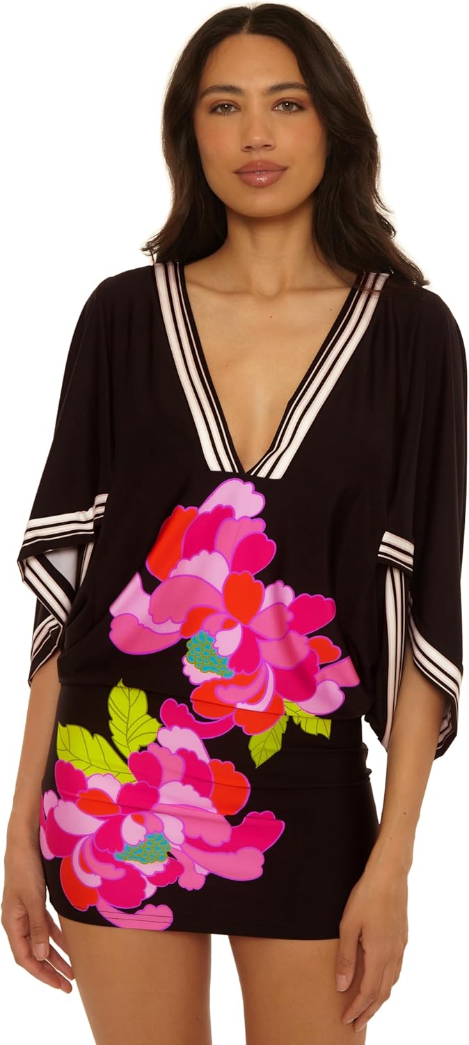 Trina Turk Womens Bougainvillea Border Dress, Casual, Floral Print, Beach Cover Ups for Women