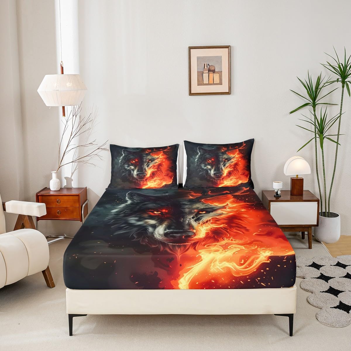 Gothic Wolf Fitted Sheet Queen Size Abstract Hunting Elk Animal Bedding Set for Kids Boys Girls Teens 3D Burning Flame Bed Sheet Set Safari Wildlife Bed Cover Room Decor,No Top Sheet