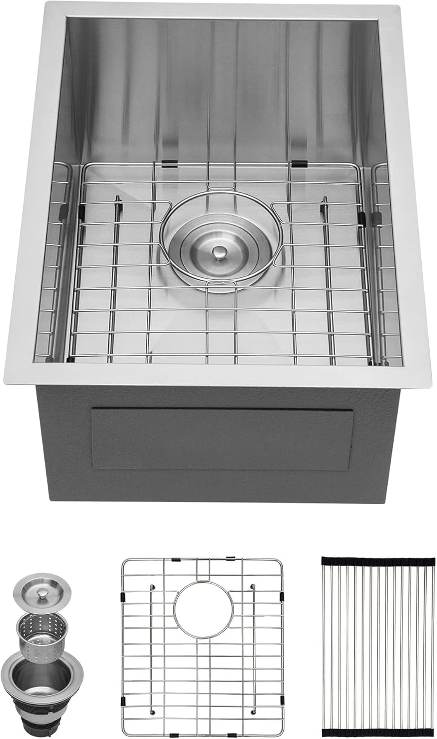 Kichae 15 Inch Undermount Bar Sink - 15x20 Inch Bar Prep Undermount Single Bowl 16 Gauge Stainless Steel Round Corner Handmade Sink
