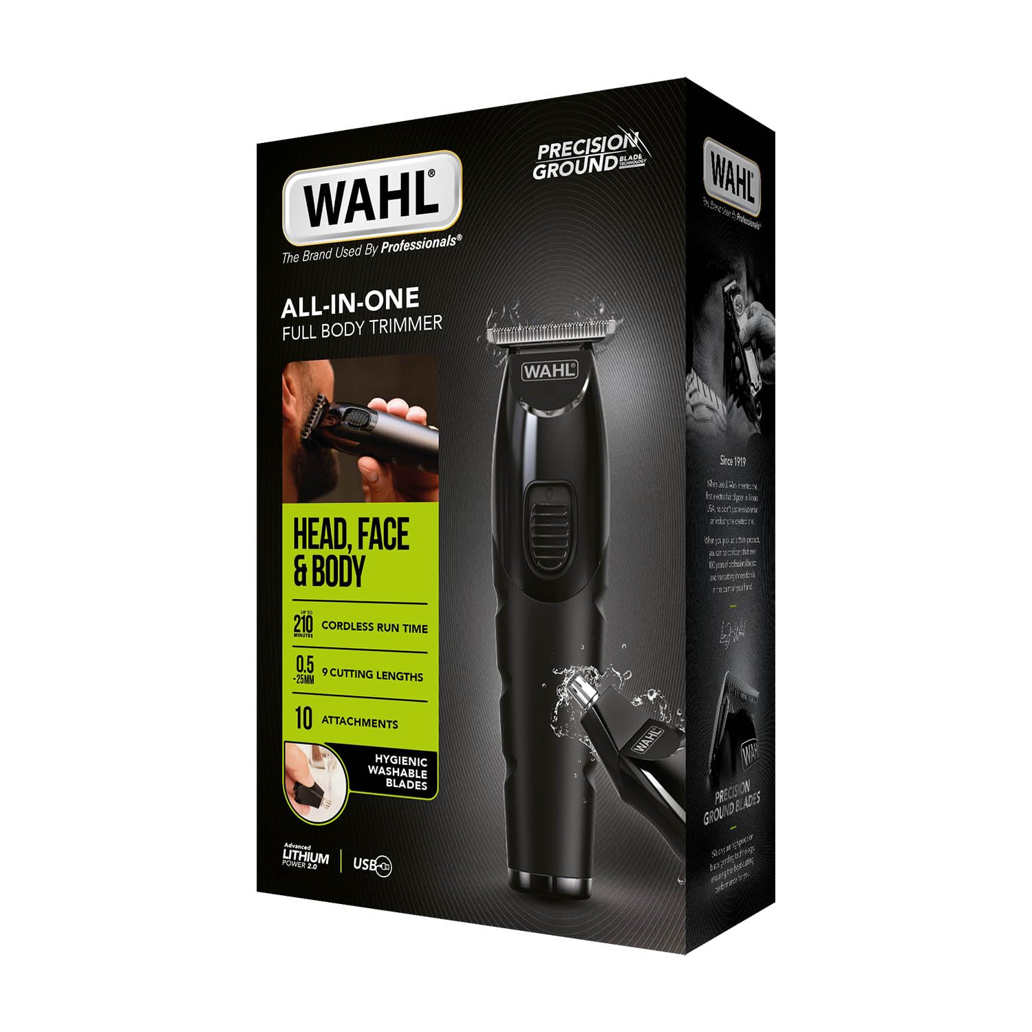 WAHL All in One Trimmer, Aseo completo de cabello, barba, orejas, nariz y cuerpo, potente batería de litio, cabezales lavables y cabezal ancho en forma de T, corte de 0,5 mm-25 mm, 210 minutos de carg