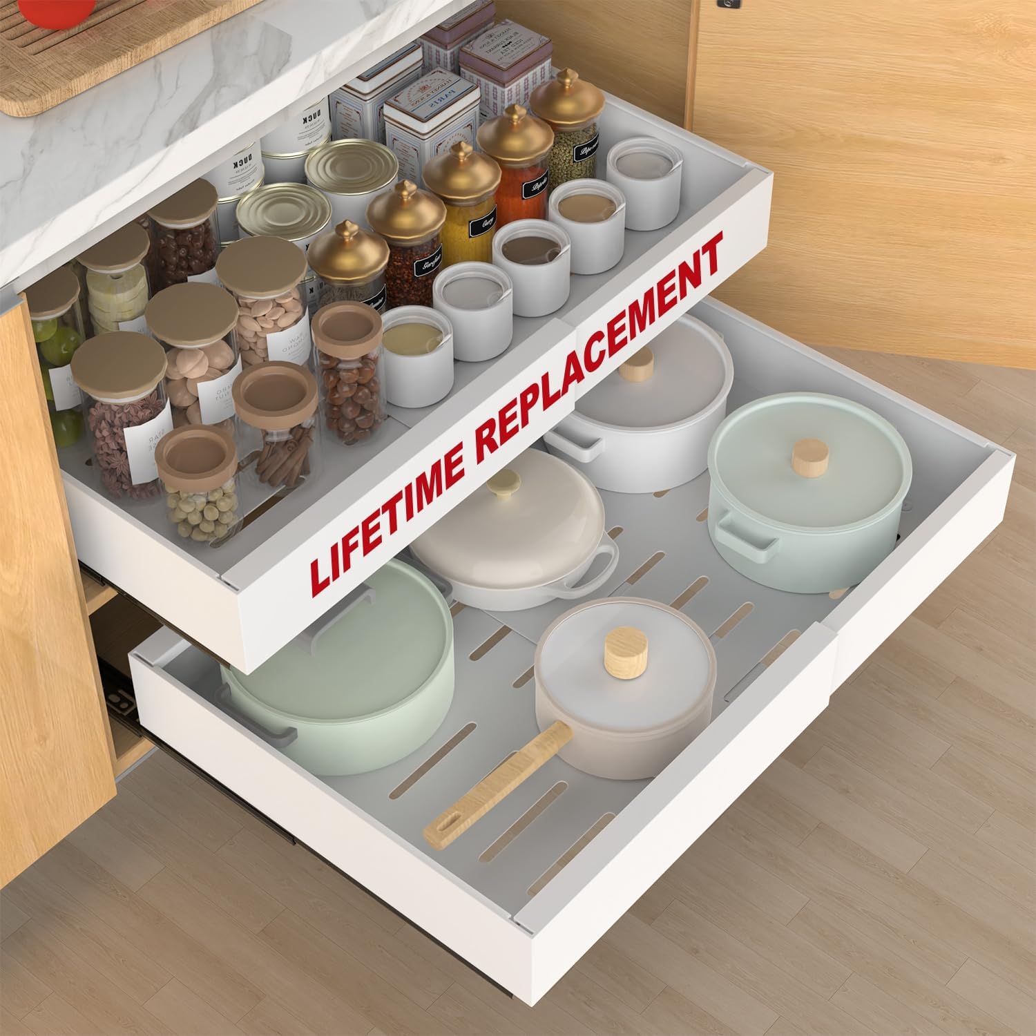 ANTOWIN 2-Pack Expandable Pull Out Cabinet Organizer 21"Deep(12.2"-20.5"W), 3 Full Extension Glides Slide Out Drawers, Roll Out Shelves Adhesive Raising Pad,Compatible Framed Cabinets,90lb Cap,White