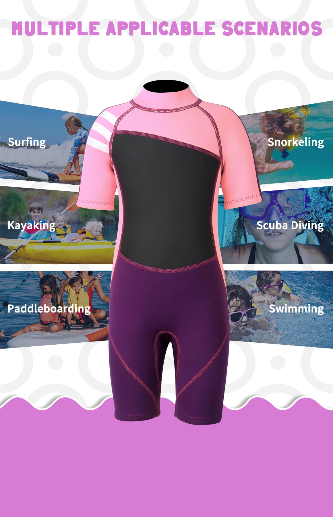 Traje de neopreno corto de 2,5 mm para niños, traje de baño de una sola pieza con protección UV para niñas y niños, natación, buceo, esnórquel, surf