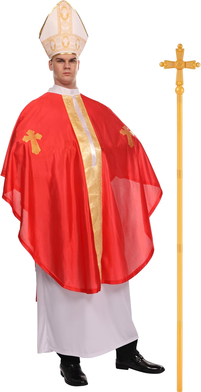 Maxim Party Supplies Adult Pope Halloween Costume Biblical Catholic Cardinal Bishop Outfit for Men Includes White Robe, Red Papal Poncho, Hat - Image 2