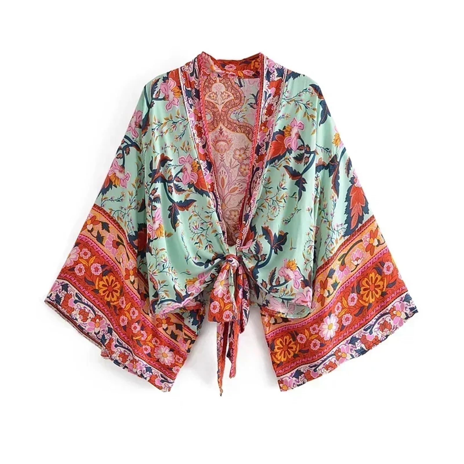 Sexy Vestido De Baño Cubrir Ropa Kimono corto con estampado floral y fajas for mujer, pareo de bikini for playa