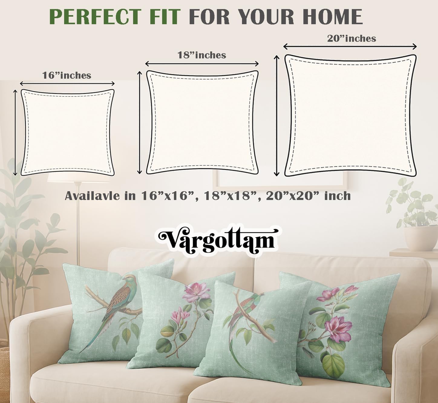 16x16 Inch Cushion Covers Set of 4 - Premium Cotton, Floral & Bird Print, Reversible Printed Pillow Covers with Concealed Zipper - Green