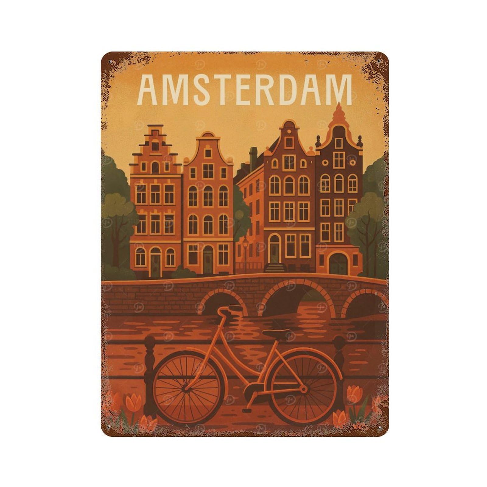 Amsterdam Travel Poster – Canals, Bikes & Tulips Retro Metal Sign 15.7"x11.8", Classic Wall Plaque for Basement, Hobby Room And Garage Decor