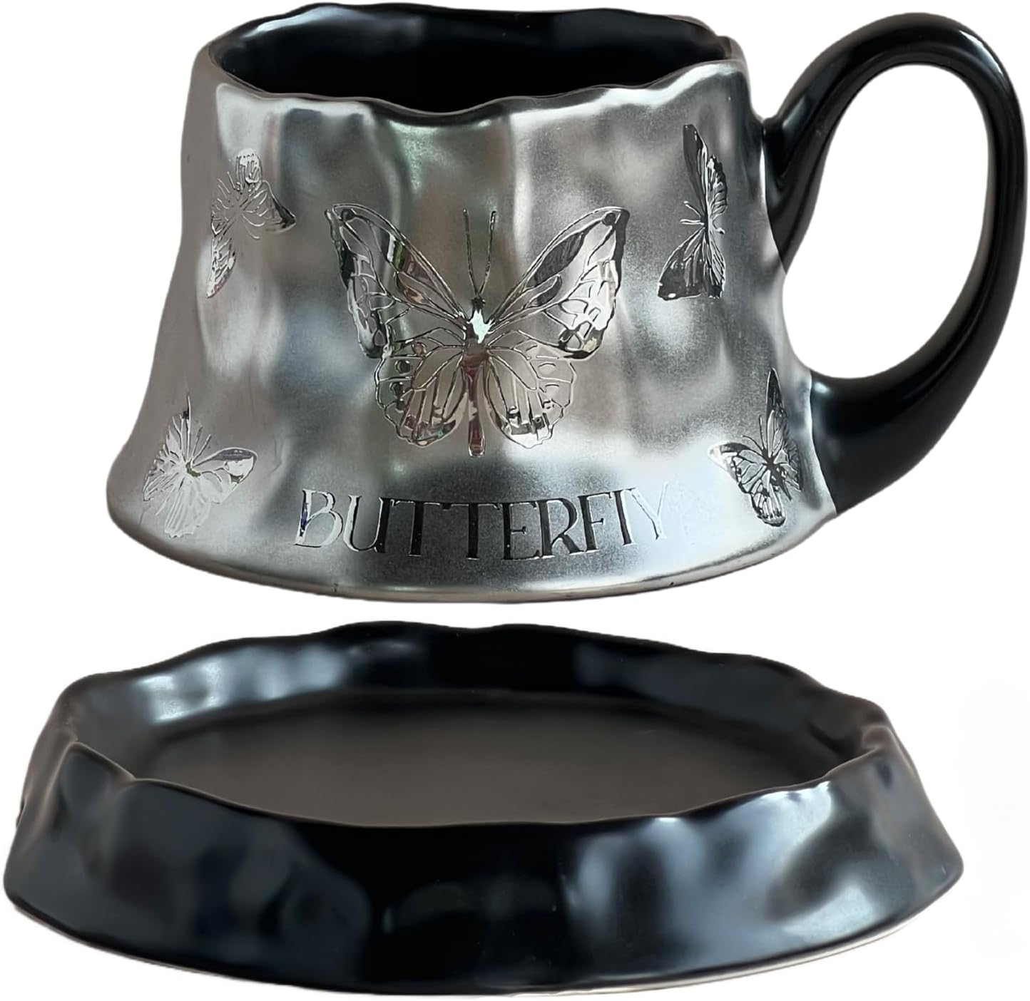 Volcanic Ash Titanium Finish Coffee Mug and Saucer Set (8 oz) | Modern Sculptural Ceramic Cup for Espresso & Latte | Unique Artisanal Home Decor & Desk Art