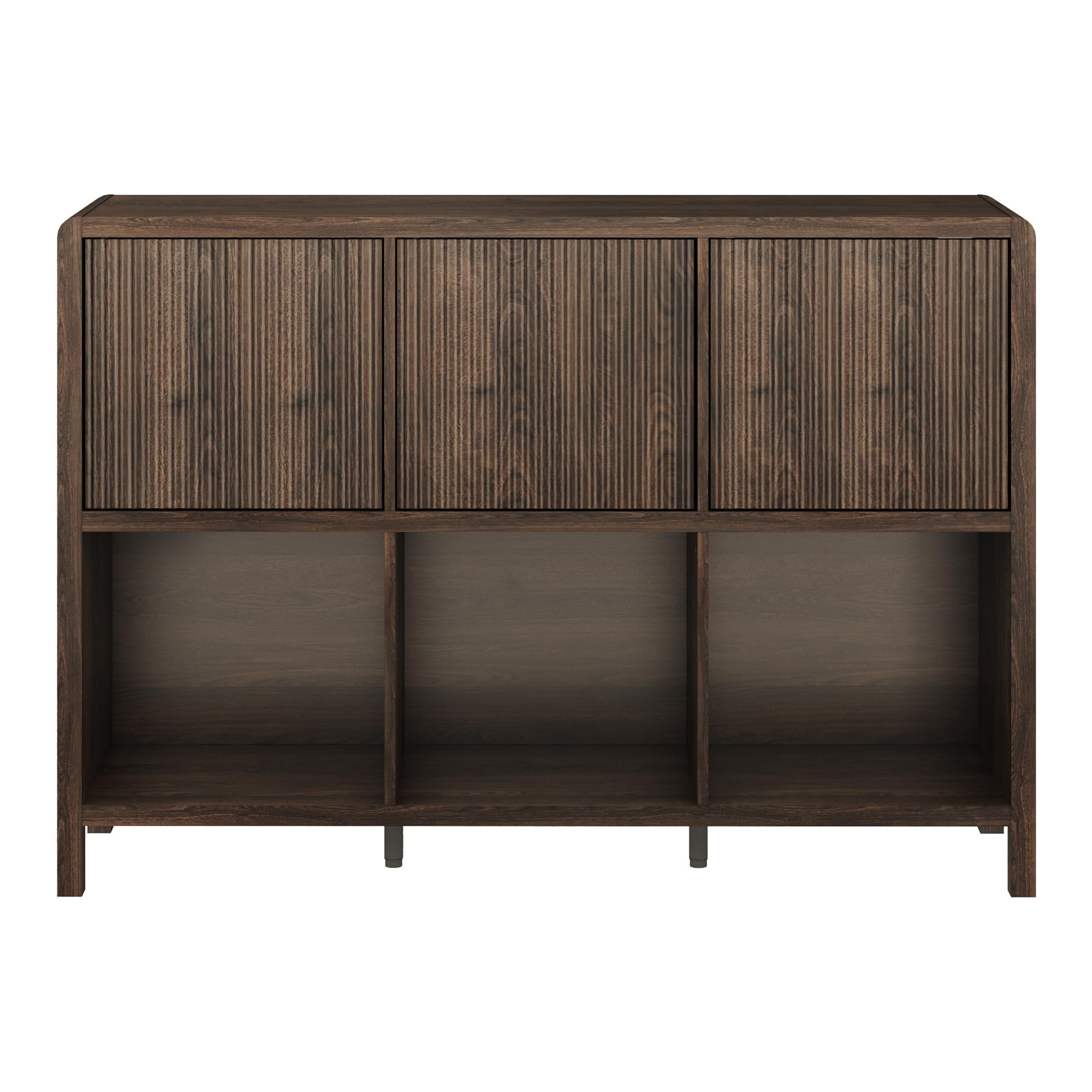 [en.casa] Credenza Bassa Mobile Contenitore con 3 Ante Decorative Push to Open e Scomparti Aperti Sideboard per Soggiorno Corridoio Studio 77x110x30 cm Effetto Noce