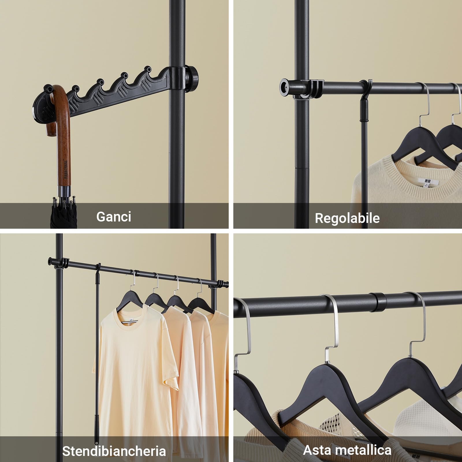 SoBuy Appendiabiti Telescopico, Stand Appendiabiti Robusto, Guardaroba Aperto Regolabile con Barre Appendiabiti per Camera da Letto, Cabina Armadio, Nero FRG109-II-SCH