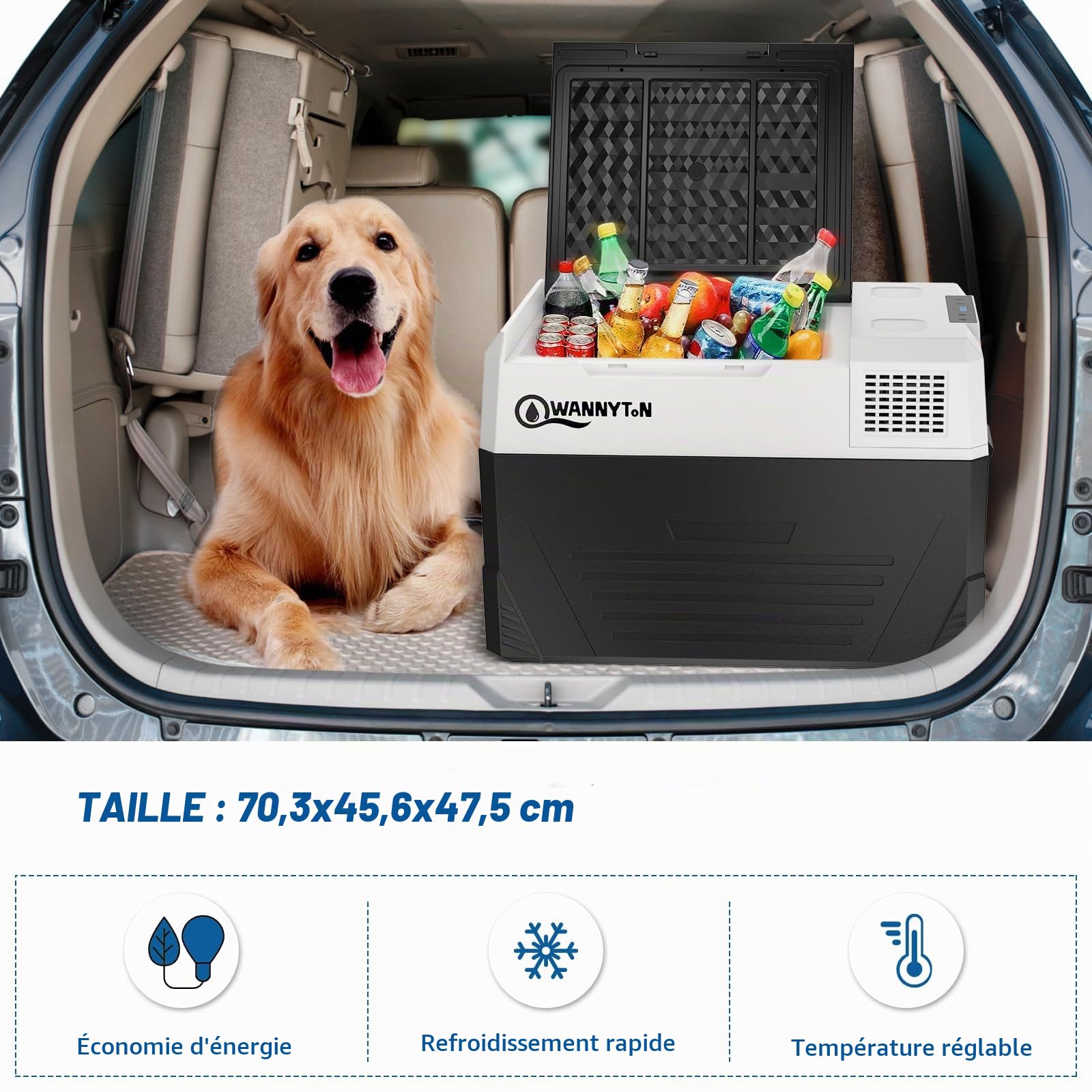 WANNYTON 58 L Glacière Électrique Voiture, Mini Frigo, Glacière à Compression, 12/24/100-240 V, Réfrigérateur Portable pour Voiture, Camion, Bateau, Camping-car