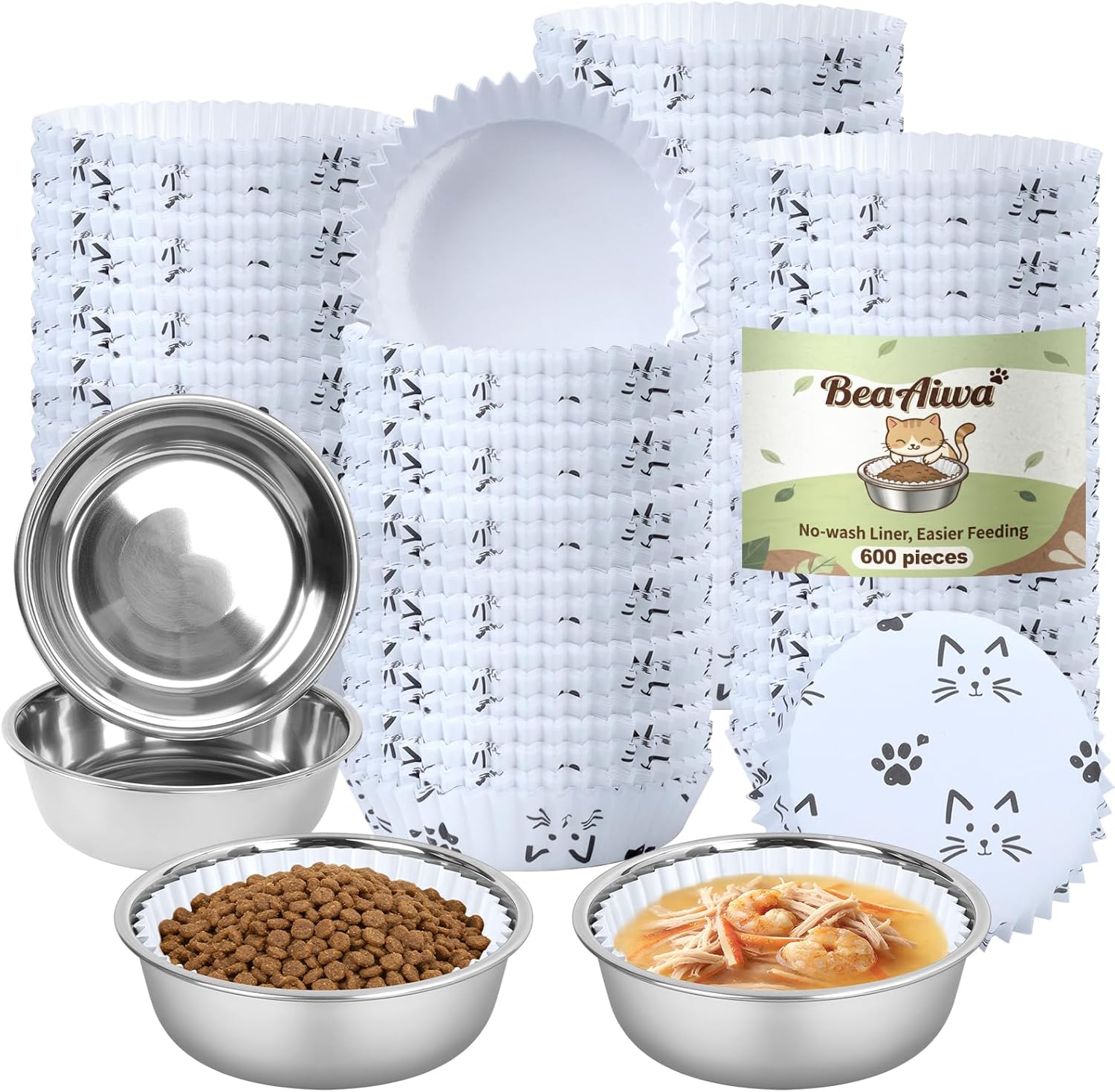 Disposable Cat Food Bowl Set(600 Pcs Cat Bowls Liners + 4 Pcs Stainless Steel Pet Bowls) Bulk Disposable Pet Food Bowls for Feeding Dry or Wet Food to Cats Puppy Small Dogs(Adorable Cat Faces Design)