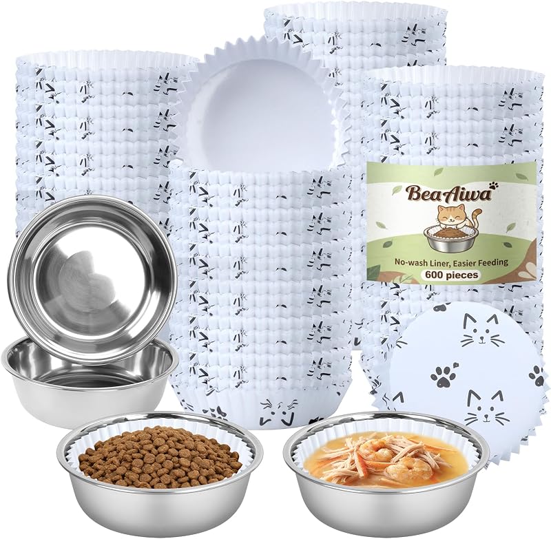 Kit com 4 Tigelas de Aço Inoxidável e 600 Forros Descartáveis para Gatos BeaAiwa