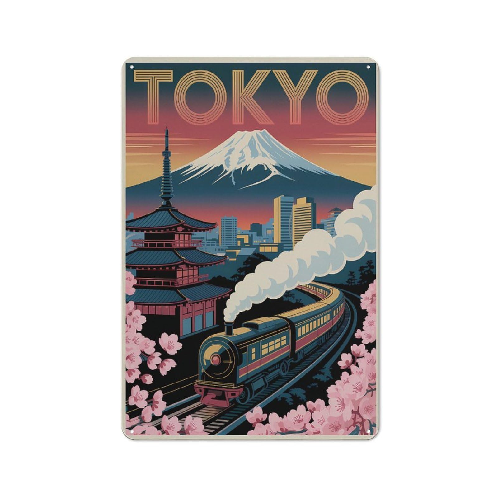 Junmoney Style-19 Decorative Tin Plaque With Tokyo Vintage Travel (2) Design 30X20cm, Nostalgic Home Bar Decor For Bar, Kitchen, Garage Or Games Room