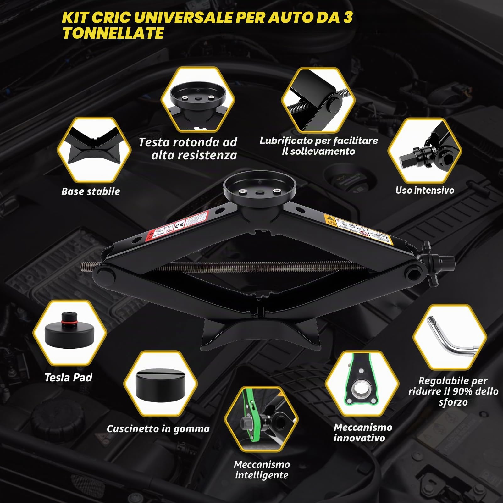 KAOLALI Cric Per Auto 3T/3000kg, Cric Auto Con Universale Tampone In Gomma | Cric a Forbice Per Auto Con Chiave Per Dadi Ruota Portatile, Kit Di Emergenza Per Auto SUV Tesla Model 3/Y/S/X