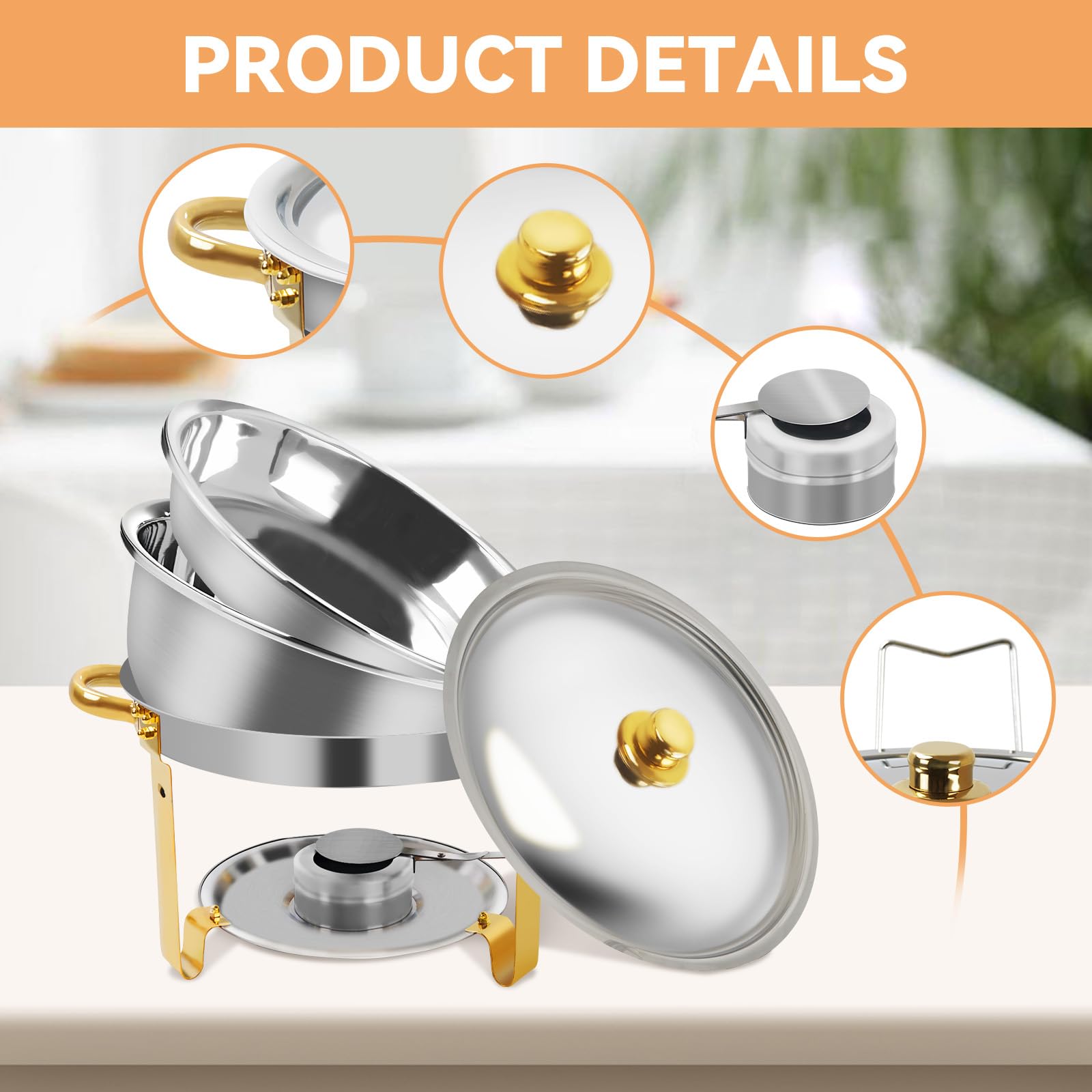 4.8 QT 4PC Scaldavivande per buffet con coperchio, scaldavivande rotondo per buffet, forniture per catering display buffet, vassoi da portata per riunioni, server per alimenti in acciaio inox per