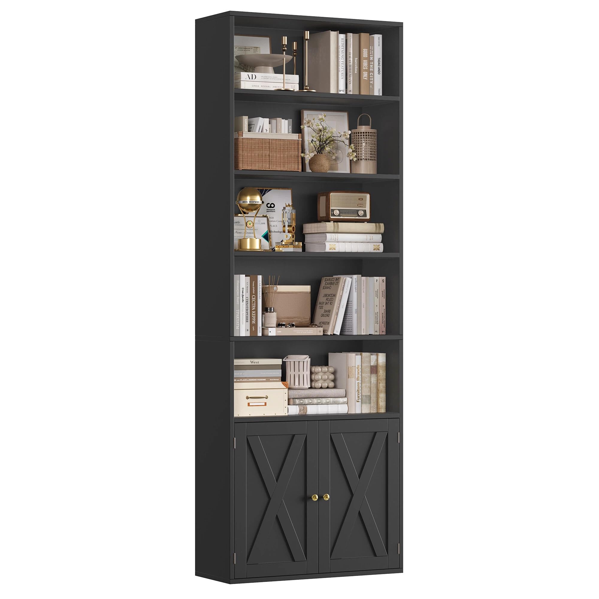 FirFurd 209cm Tall Bookcase 7-Tier Bookshelf with Doors Living Room Bookcases Freestanding Book Shelf Display Cabinet Storage Unit for Home Office Dinning Room 60x23.5x209cm Black