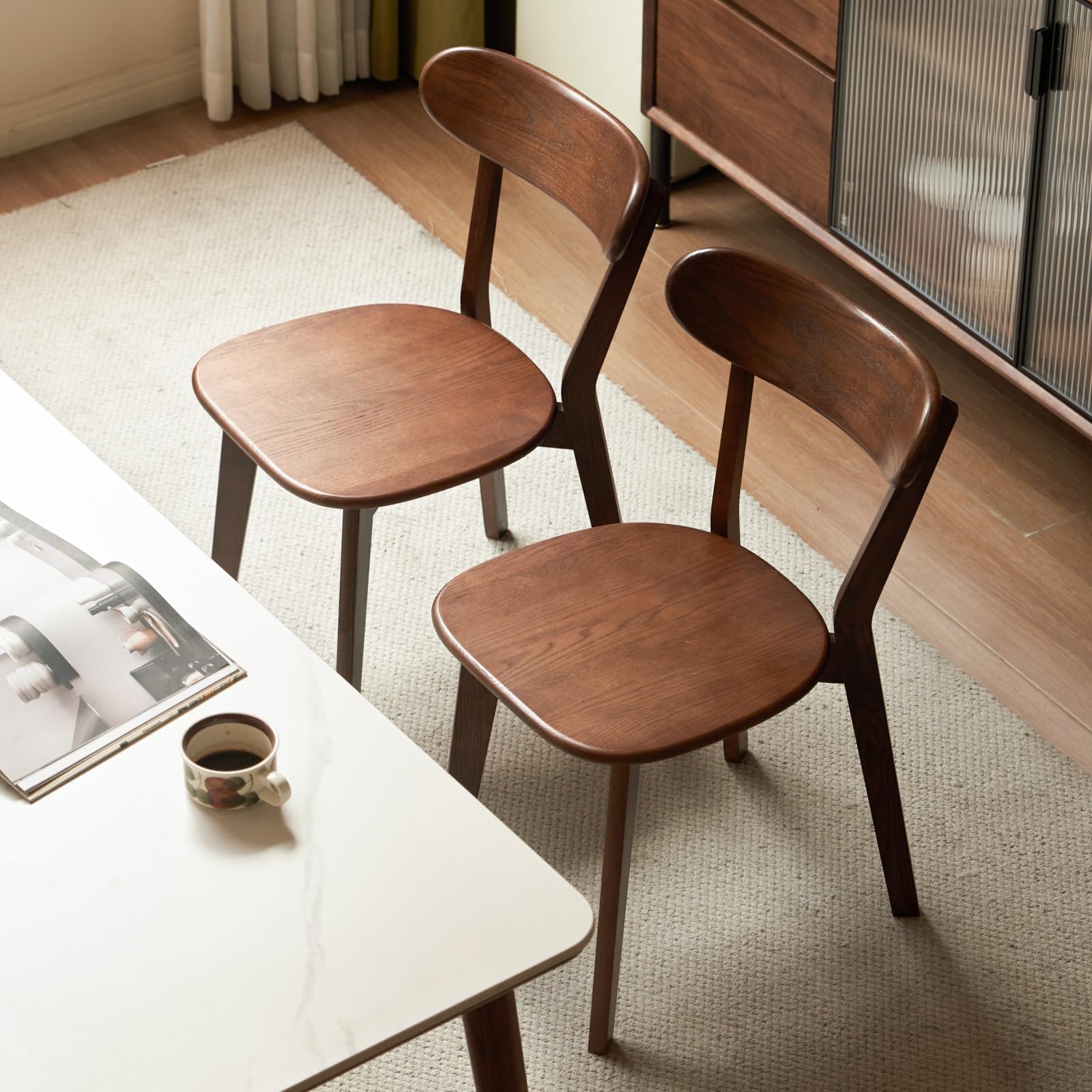 dining chairs, kitchen chairs, 100% oak solid wood modern chair with curved backrest kitchen & dining room chairs modern chair for living room (walnut, 2 pack)