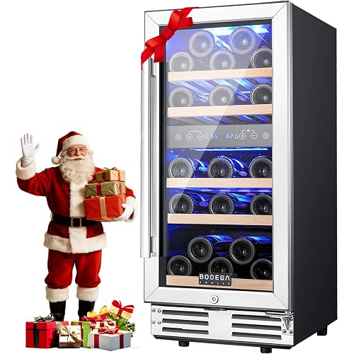 BODEGA 15 Inch Dual Zone Wine Fridge, 30 Bottle, Black 15” Wine Cooler Under Counter For Home and Kitchen, With Double-Layer Glass Door, Wine Refrigerators Free standing with Temperature Control.