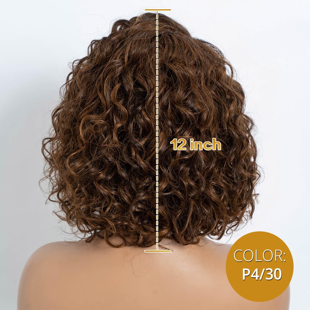 Joedir Bob Human Hair Wigs for Black Women Wear and Go Wig Water Wave Wig Afro Curly HD Lace C Parting Glueless 12 Inches 180% Density (P4/30)
