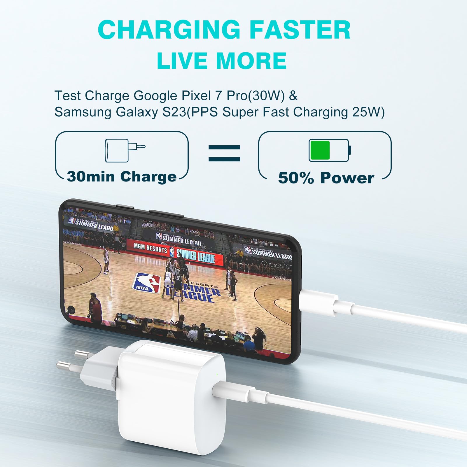 30W Chargeur USB C Compatible avec MacBook Air 13 12 Pouces, iPad Pro 13, 12.9, 11 2024 2023 2022 2021 2020 2019 M4 M2 M1, iPad Air 5 4, Mini 6, iPhone 15, Google Pixel 8 7 Pro, Câble USB-C 6.6ft