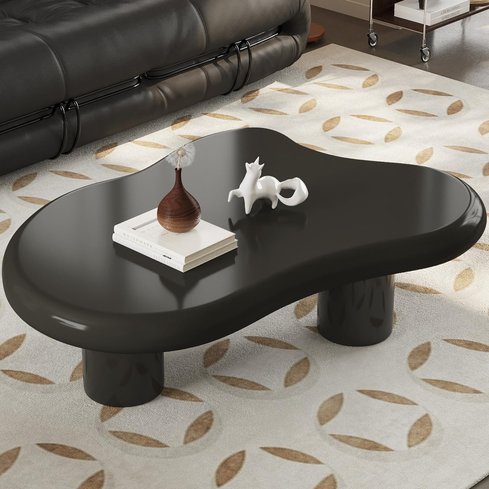 GraceNook 46.06" Cloud Shape Coffee Table, Modern Round Edge Black Coffee Table with 3 Sturdy Support Legs and 3.14" Thick Tabletop for Living Room,