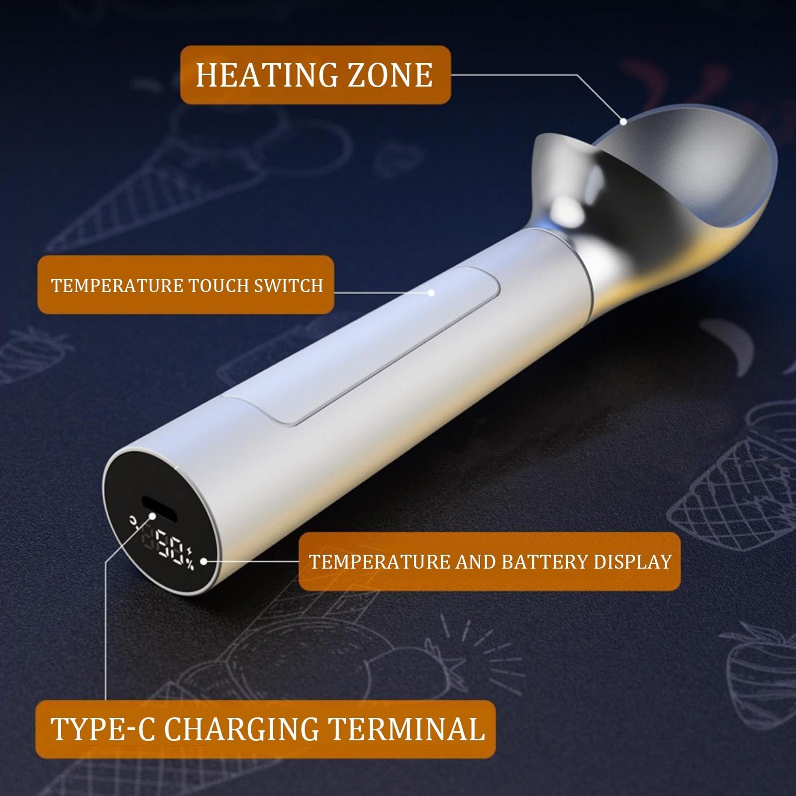 Cuillère à glace chauffante portable rechargeable avec affichage numérique étanche et température réglable 56,7 g/cuillère 8 h de temps de veille