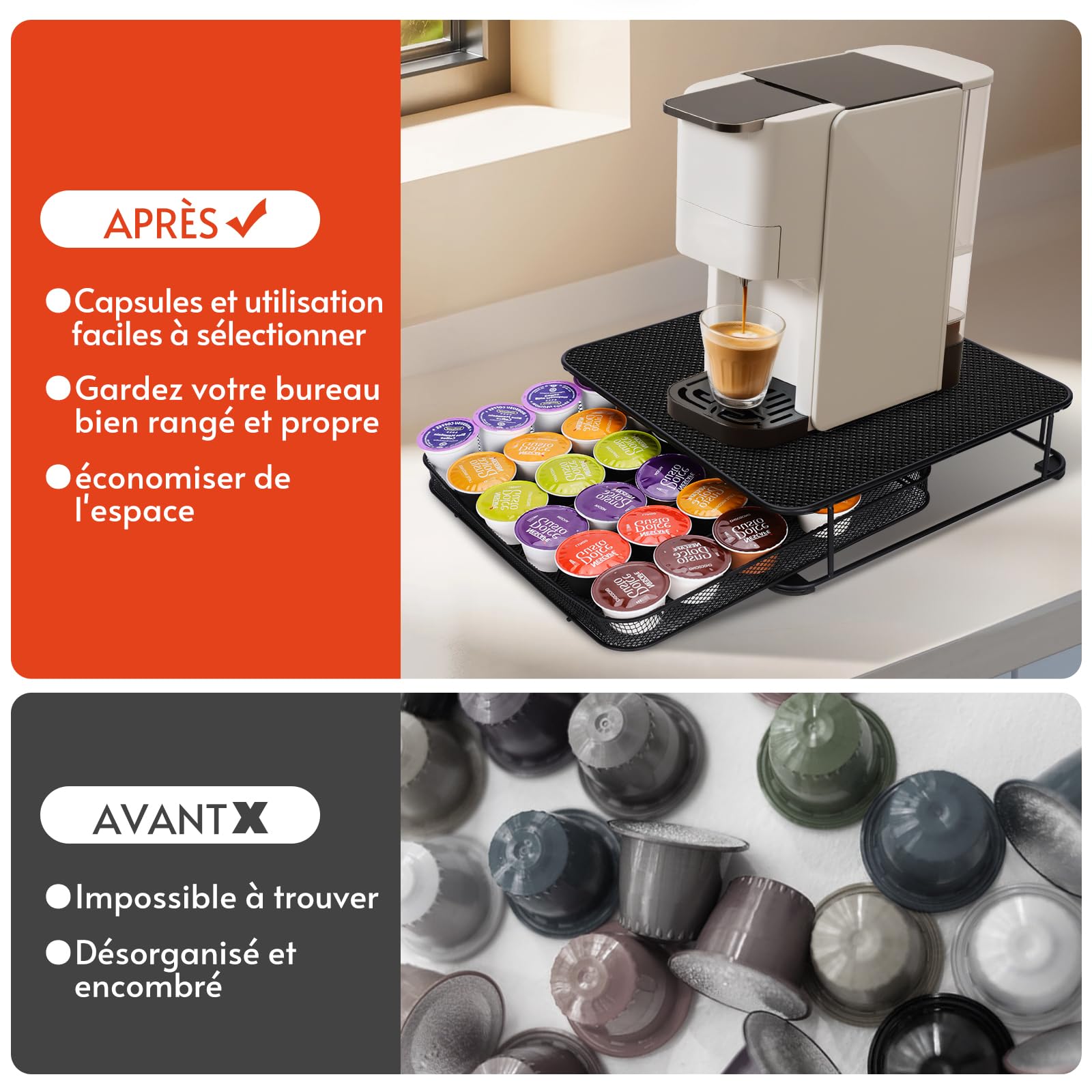 Myiosus Porte Capsule Dolce Gusto, Rangement Dosettes Capsules 42 PCS, Tiroir Capsule de Café avec Surface Anti-Vibration, Support Range Dosette pour La Maison, Bureau, Café (Noir)
