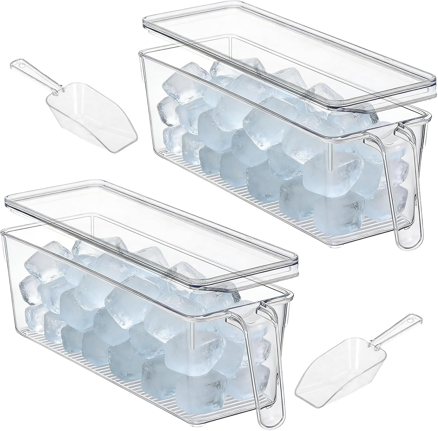 2 Set Ice Bucket for Freezer with Scoop Clear Ice Bin Plastic Stackable Plastic Containe with Pull out Handle Food Storage Organizer Holder for Pantry Freezer Kitchen Rv Fruit Wine Beverage