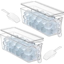2 Set Ice Bin for Freezer with Lid and 2 Scoop Set Plastic Freezer Ice Bin with Pull-Out Handle Clear Storage Bucket Kitchen Food Storage Organizer for Home Office Fridge Kitchen, 11.4*3.7*3.8inch