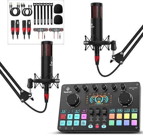 Paquete de equipo de podcast para 2, mezclador de DJ de interfaz de audio con micrófono de podcast de 48 V, equipo de estudio de grabación para