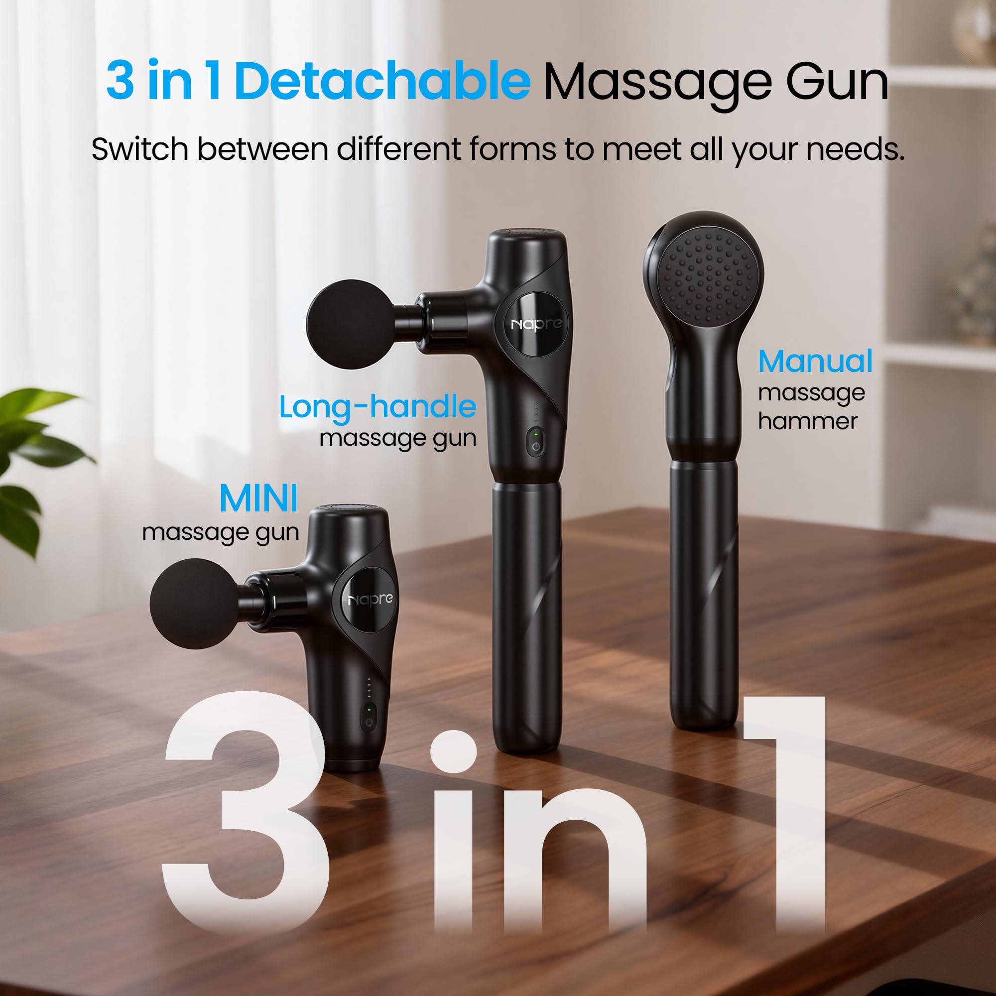 NAPRE Massaggiatore 3 in 1 Staccabile, Mini Massaggiatore a Percussione per Tessuti Profondi con Manico Estensibile, Portatile per Schiena/Collo/Corpo, Piccolo e Silenzioso, 5 Testine, con Custodia