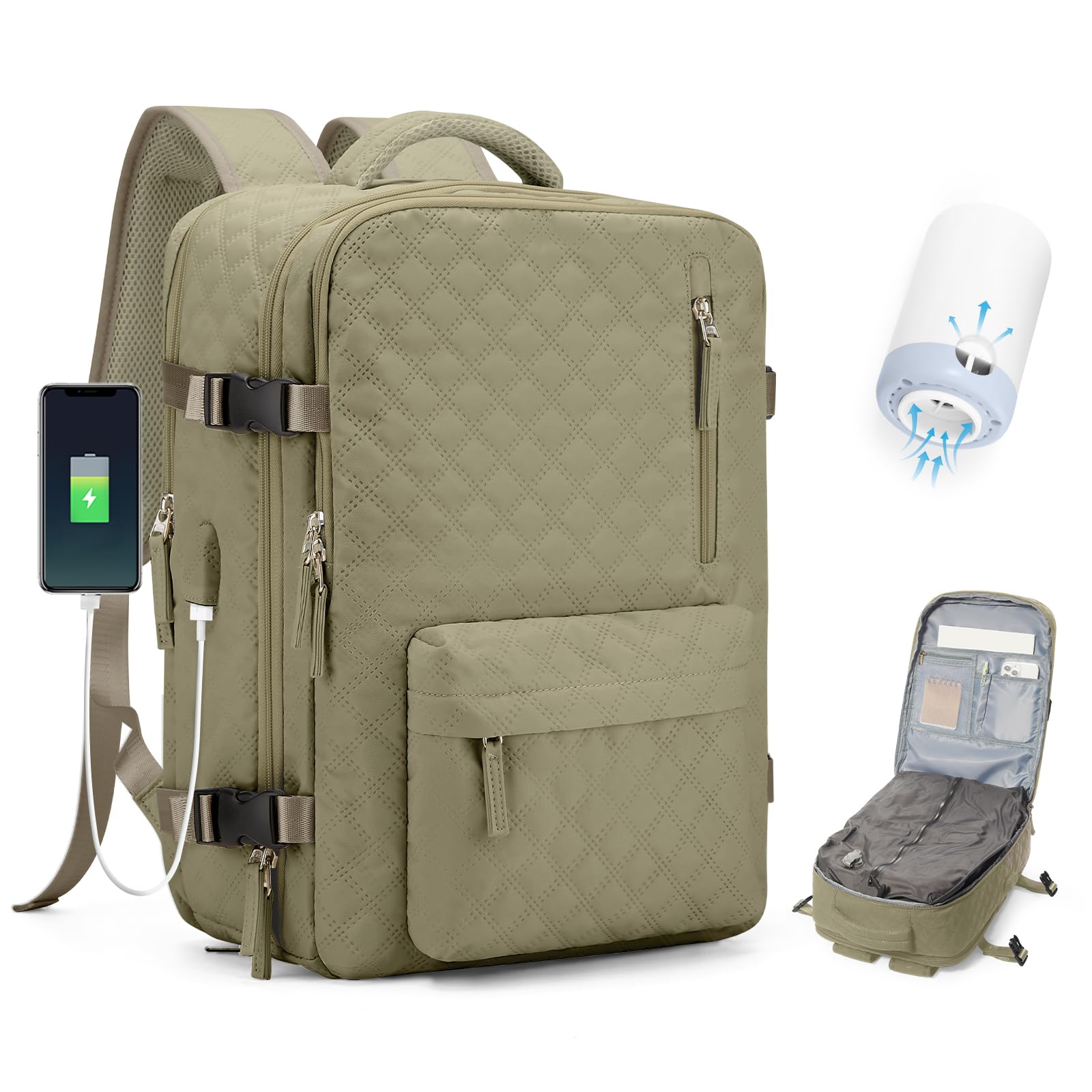 BJLFS Zaino Ryanair 40x30x20 Sottovuoto con Pompa Zaino da Viaggio Ryanair 40x20x25 Borse da Cabina per Wizzair Bagaglio a mano Easyjet 45x36x20 Sottovuoto Zaino Casual per Laptop 14 Pollici Cachi