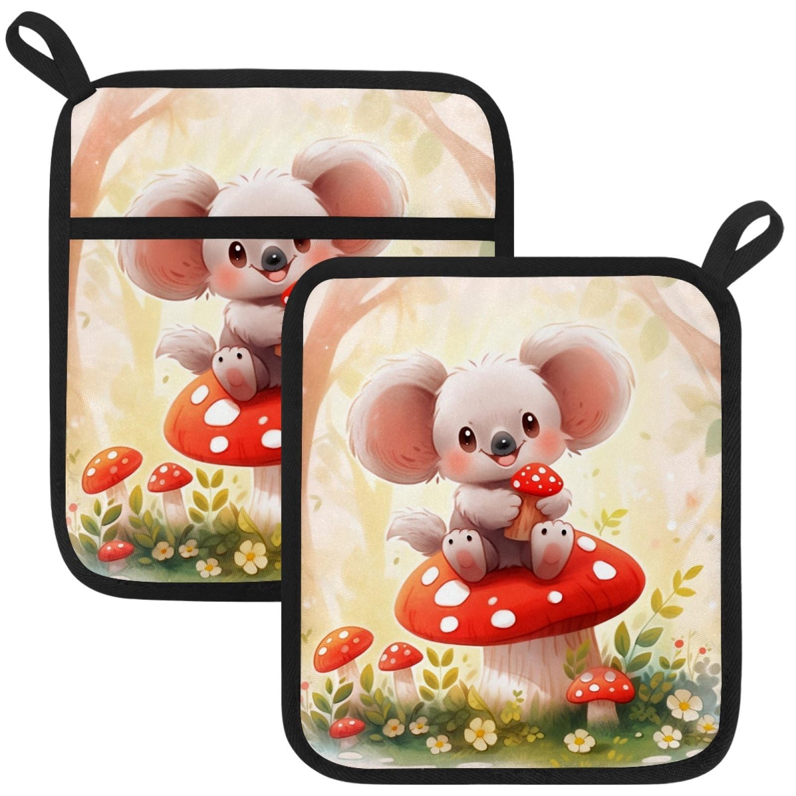 VAPOKF Koala Mushroom Heat Resistant Pot Holders, Thick Pot Holders Pad with Hanging Loop for Kitchen, Oven Cloth Pads for Kitchen Baking Microwave Oven