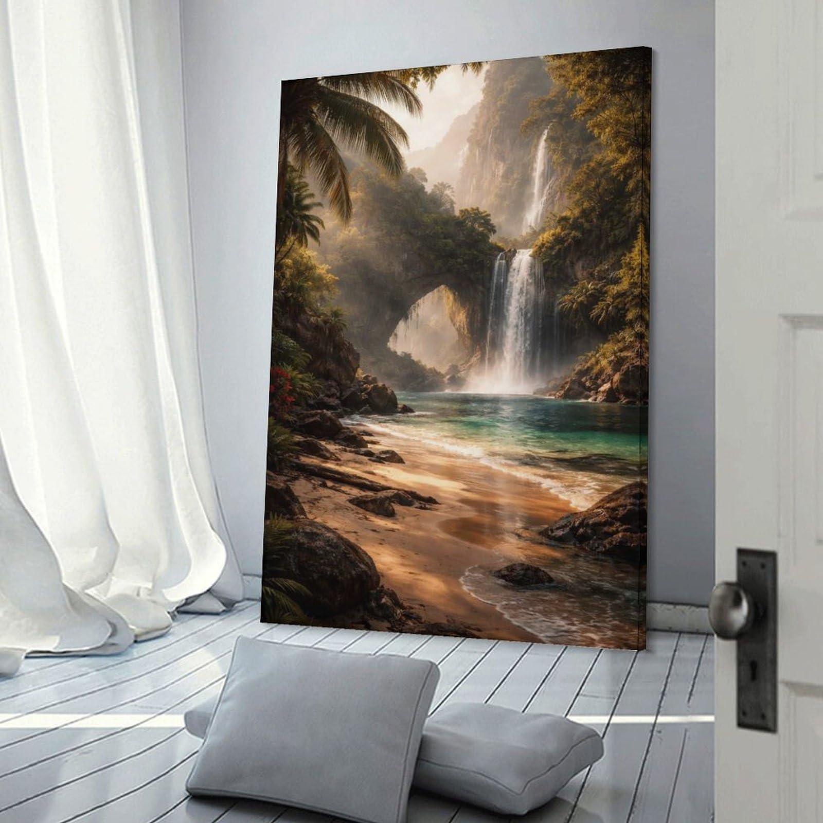 Junmoney Frame-Style-12 Decorative Wall Artwork Tropical Paradise With Waterfalls And Arch, 20X30inch(50X75cm), For New Homes, Bedrooms Or Workspaces, Canvas Artwork With Gifting Potential