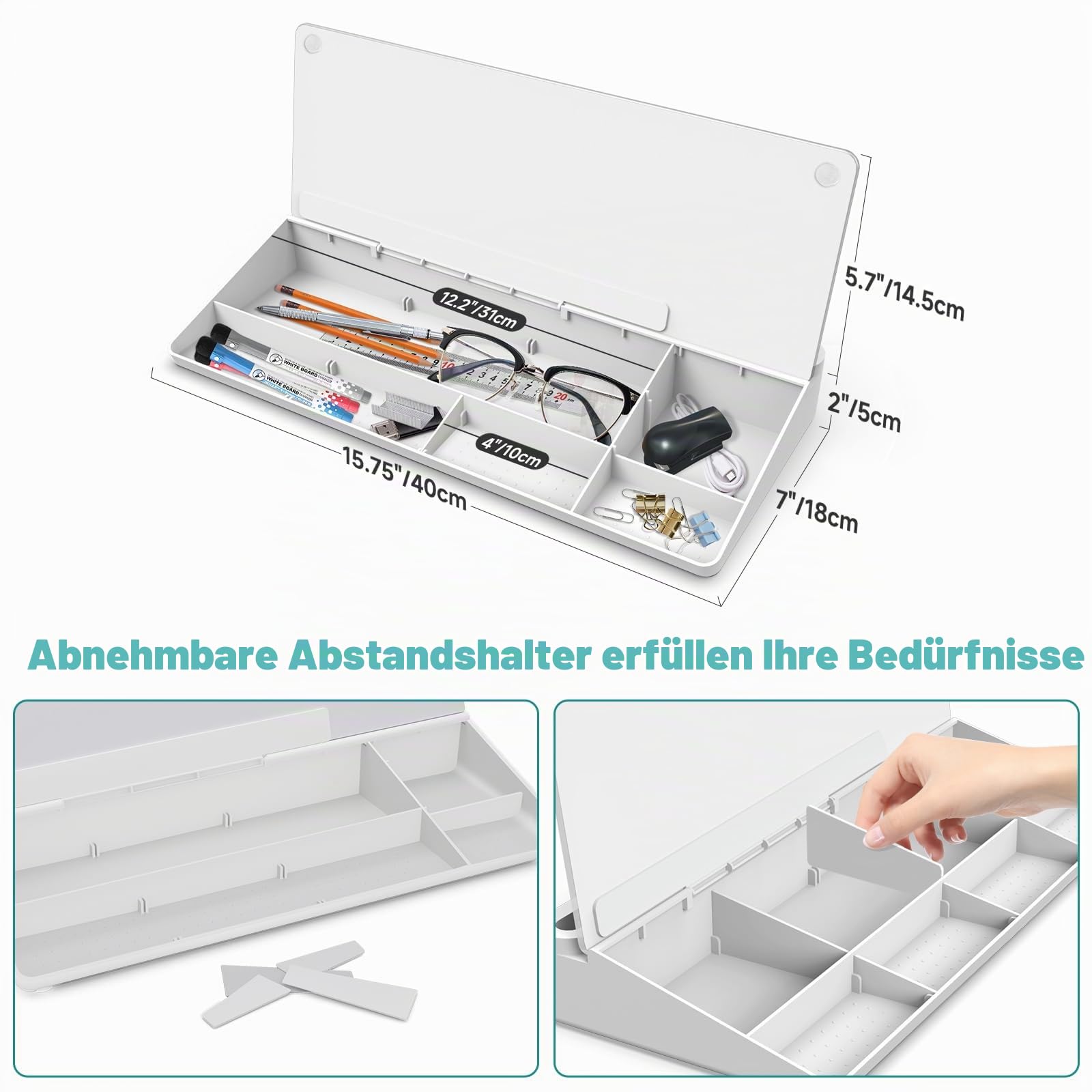 Glas Whiteboard Schreibtisch Organizer Staufach Weiß 40 x 18cm | Desk White Board Für kurze Notizen & Erinnerungen, Aufklappbares Fach mit Trennwand Organizer, Abwischbares inkl. 3 Marker