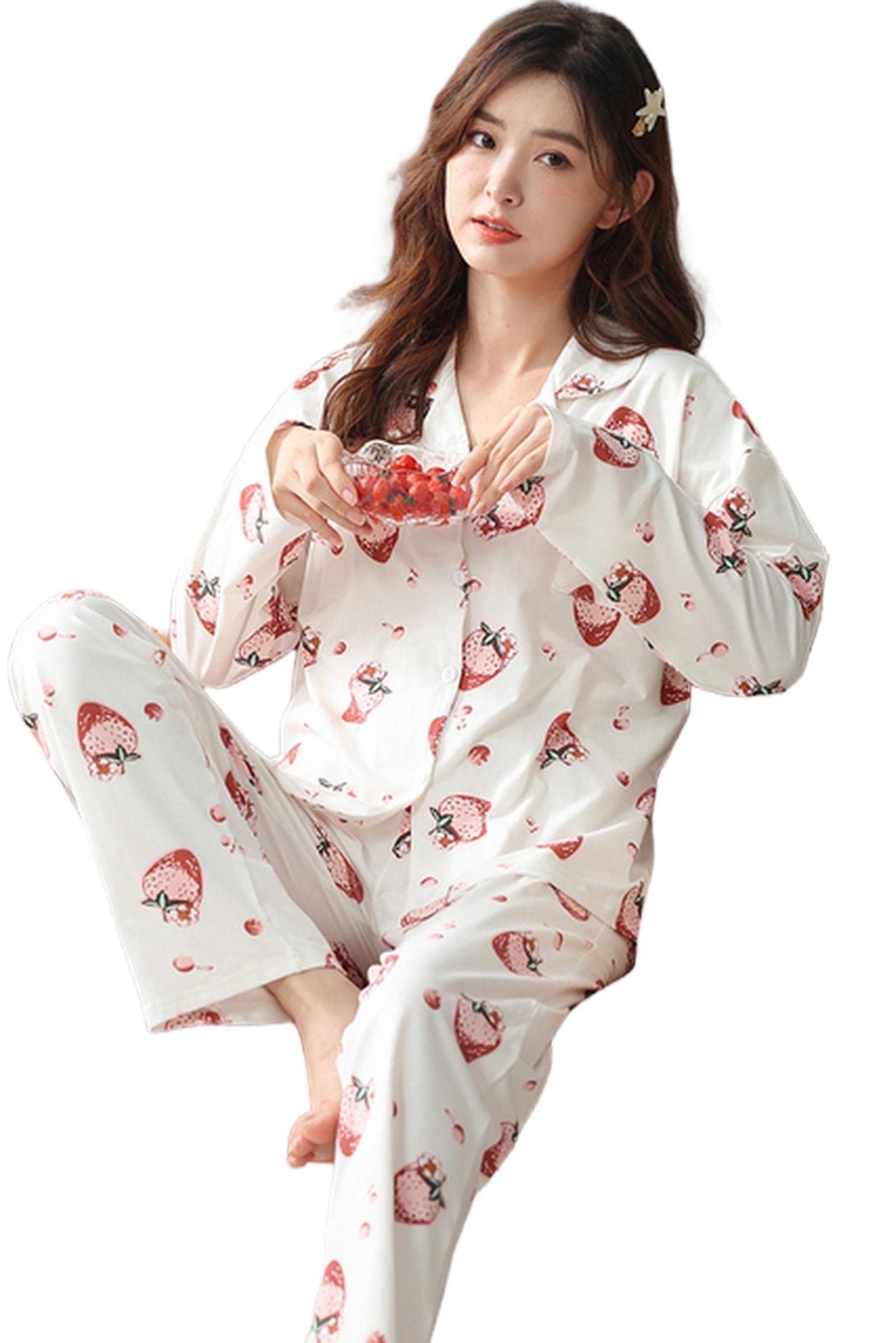 MOGSA Pyjama élégant pour femme avec col rabattable, pyjama floral pour femme, automne et hiver, vêtements de nuit en coton tricoté pour femme, comme indiqué, asiatique L 50-60 kg