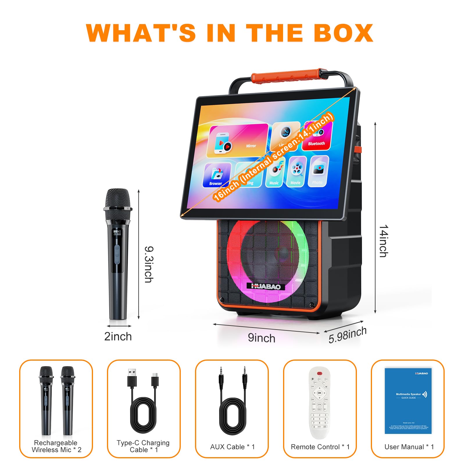 Altoparlante Bluetooth portatile per karaoke con schermo HD da 14,1 pollici, mirroring dello schermo wireless per iOS e Android, 2 microfoni wireless, AUX/USB/scheda TF, visualizzazione dei testi