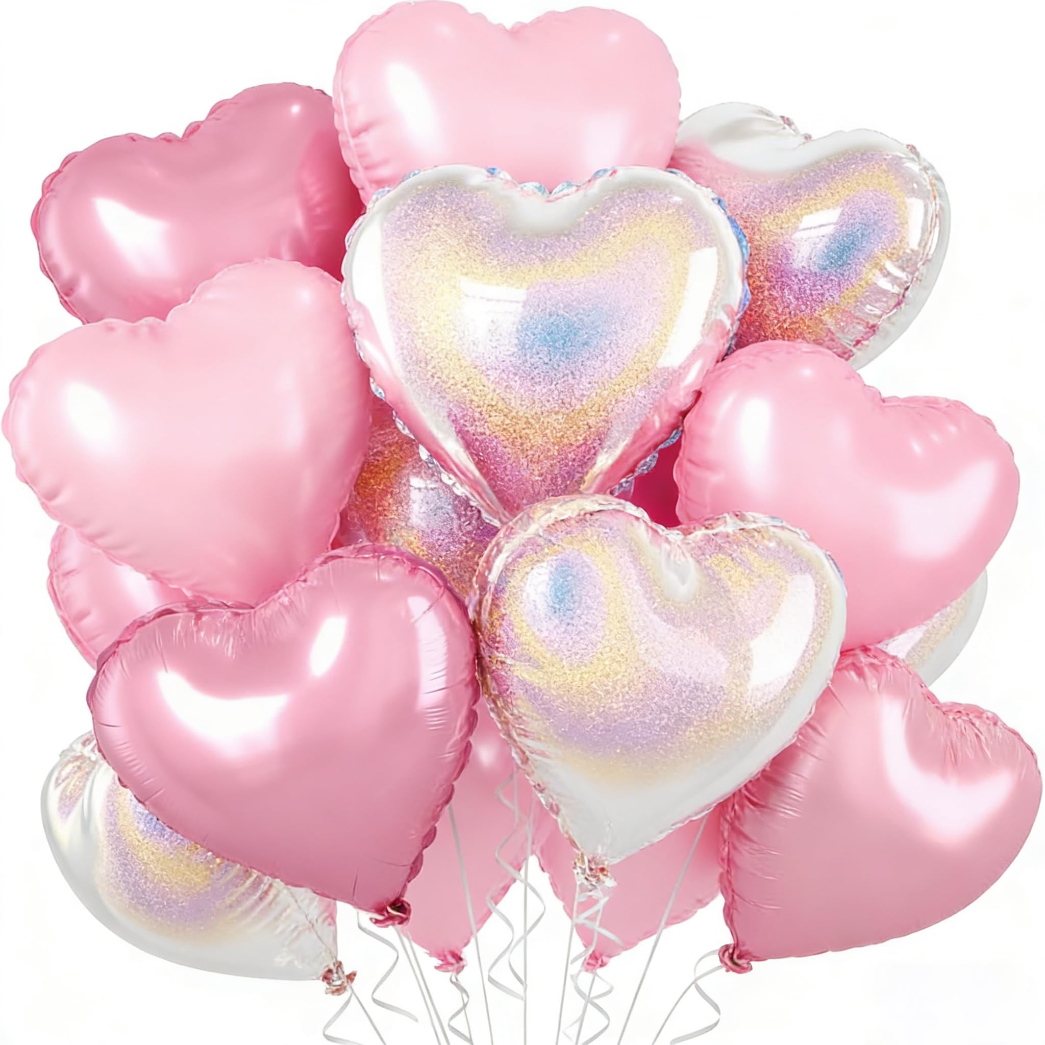 Laser Silver Pink Heart Balloons,18 Inch Silver Pink Heart Shape Balloons,12PCS Foil Heart Balloon Helium for Birthday Party Bridal Engagement Wedding Anniversary Baby Shower Valentines Decor