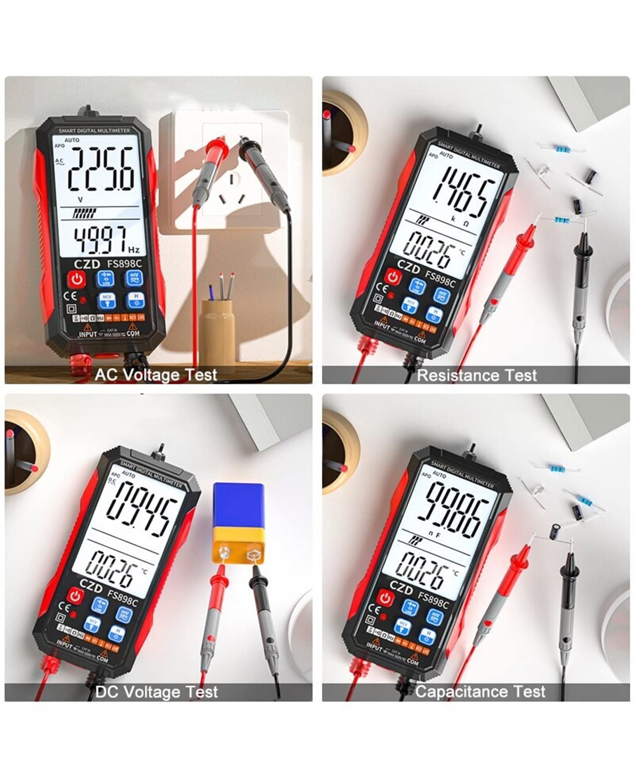 Outils de tests fonctionnels portables pour la mai Multimètre numérique rechargeable grand écran mesure automatique rétro-éclairage affichage LCD compteur de tension lampe de poche LED Test de résista