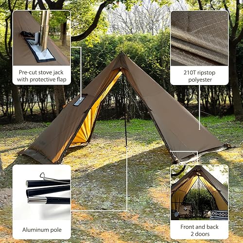 Miniatura 6 de Hot Tent with Stove Jack and Snow Skirt, 6.89~8.53ft Standing Room, 2~5 Person, Tipi Tent for Family Hiking, Fishing, Hunting, Backpacking Camping
