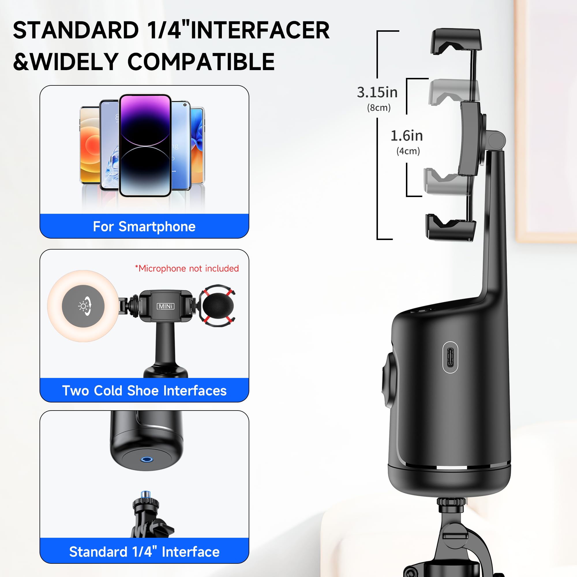 Auto Tracking Treppiede Smartphone con Luce Selfie, Supporto per Telefono Cellulare con Funzione di AI Tracciamento 360°del Viso e Telecomando, Stabilizzatore Gimbal Bastoni Selfie per iPhone/Android