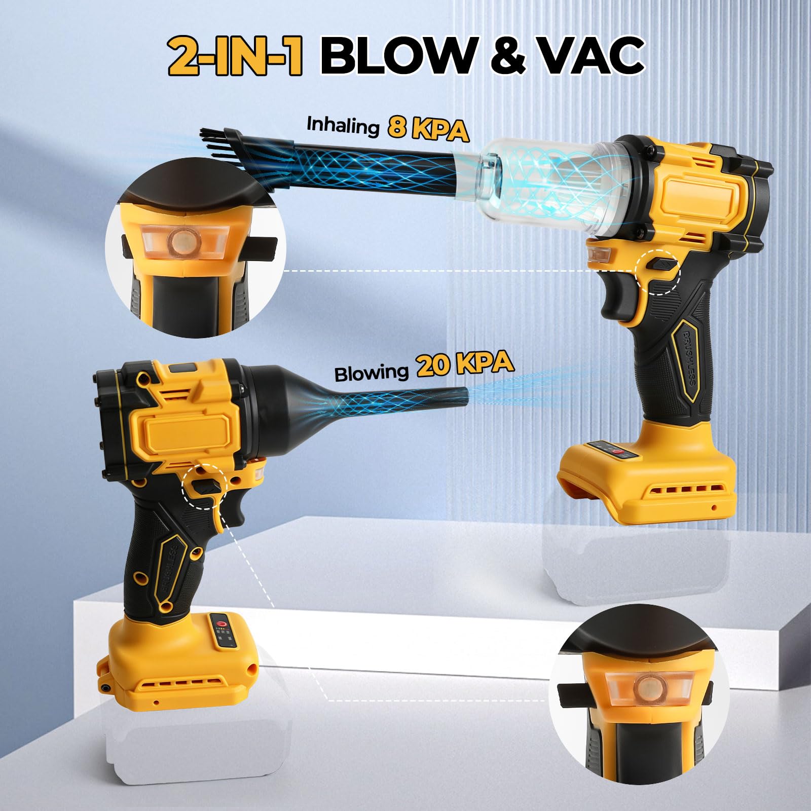 Soffiatore e aspiratore per foglie senza fili compatibile con batterie DEWALT da 18V e 20V, soffiatore d'aria 2 in 1 da 20 kPa e aspiratore da 8 kPa, 20000 giri/min con 3 ugelli e luce LED